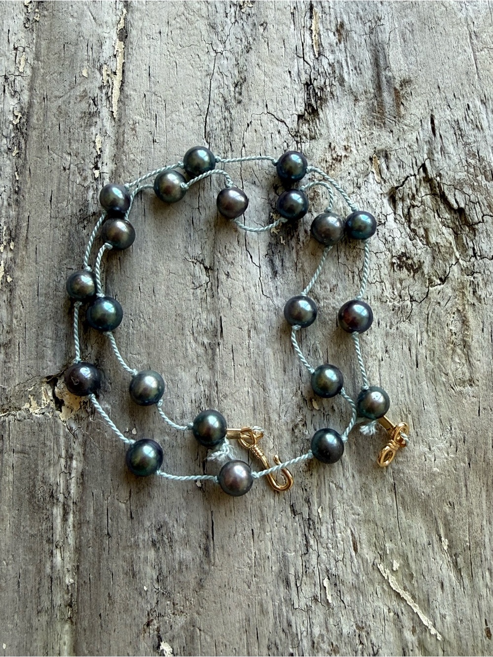Natural metallic Peacock pearls and silk necklace